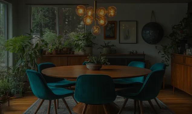 Hand-blown glass pendant lamp in warm light
