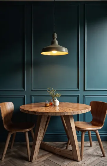 Round walnut dining table with chairs