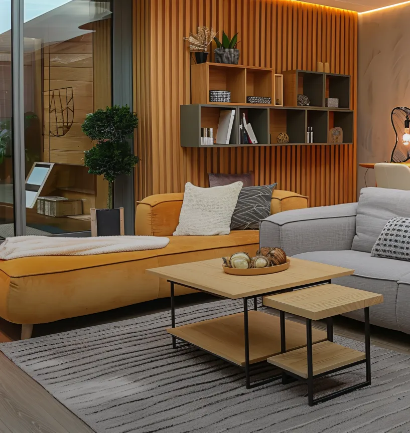 An open living space with a mustard sofa, slatted wood wall and nesting tables