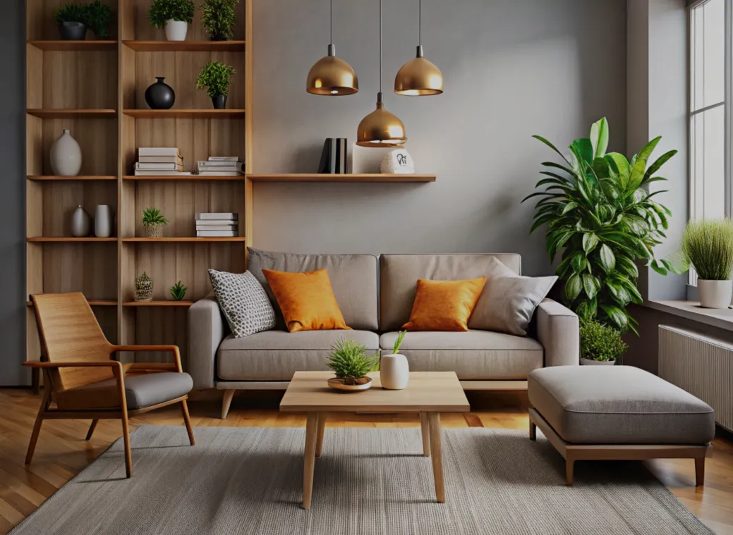 Styled living room with warm light, a bouclé sofa, accent chair, and oak coffee table