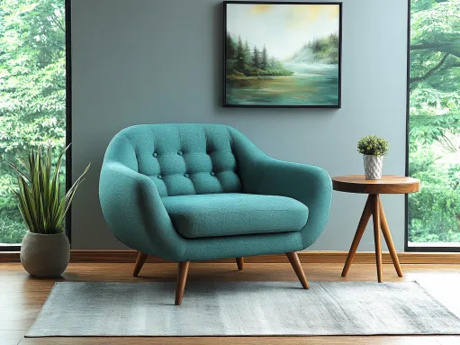 A teal armchair beside a small round table and a bright window