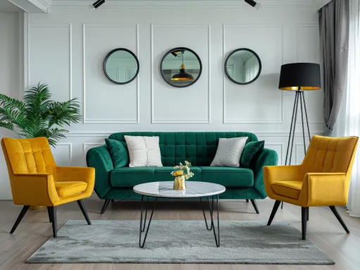 A living room with a deep green sofa, mustard armchairs and a marble table